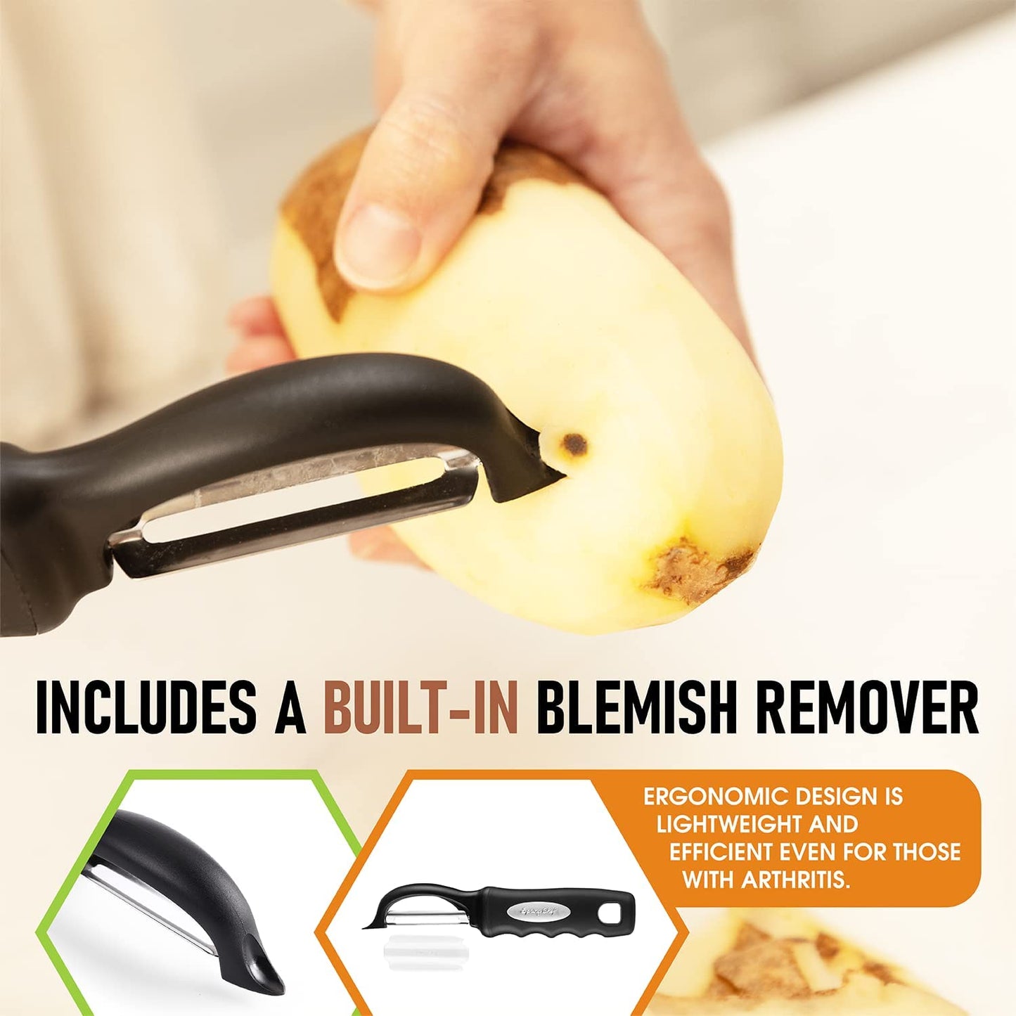 Premium Swivel Vegetable Peeler, Soft Grip Handle and Ultra Sharp Stainless Steel Blades - Perfect Kitchen Peeler for Veggie, Fruit, Potato, Carrot, Apple - Black